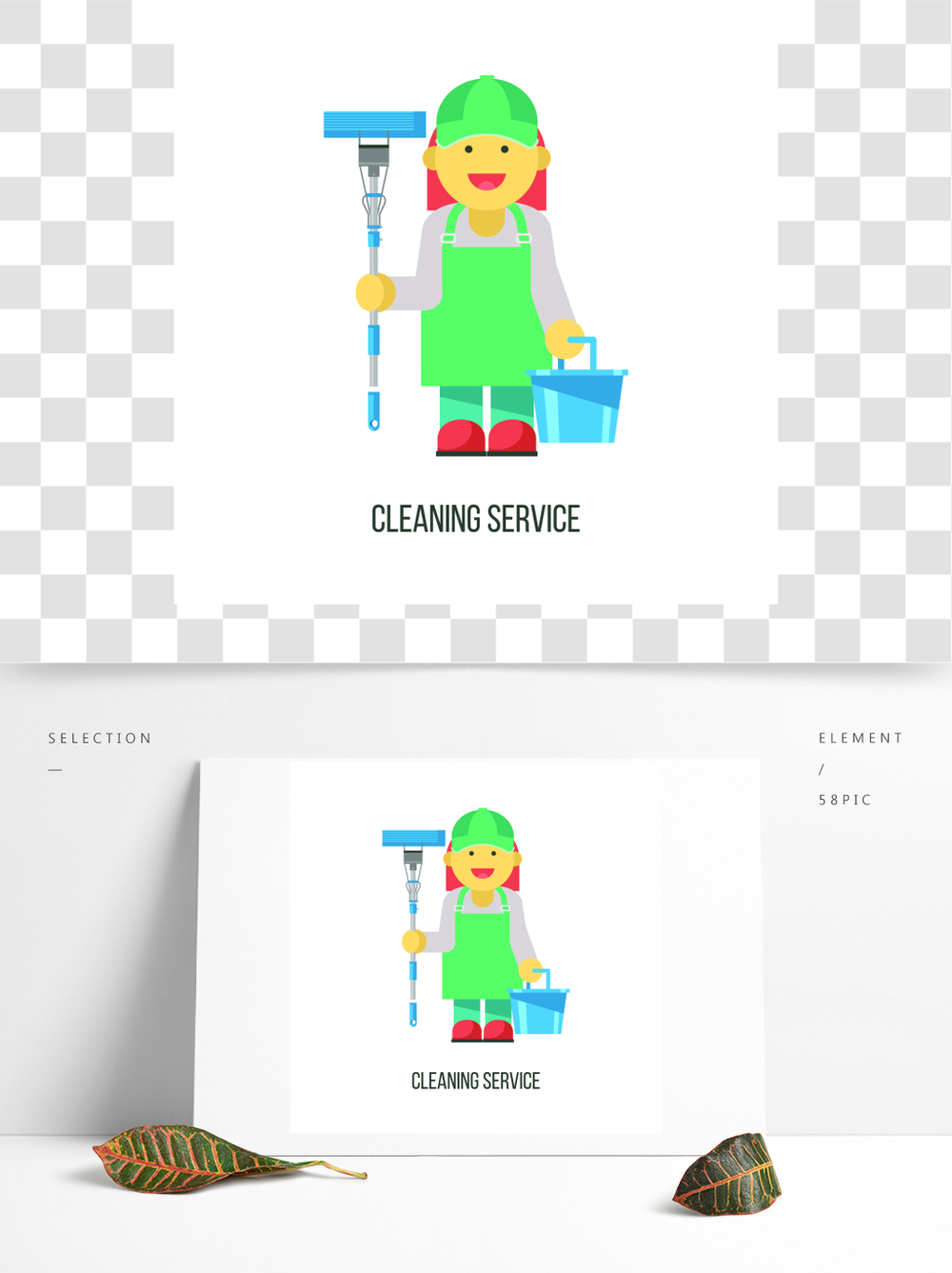 清潔服務平面矢量圖專業清潔場所有拖把和桶的清潔女工在手中