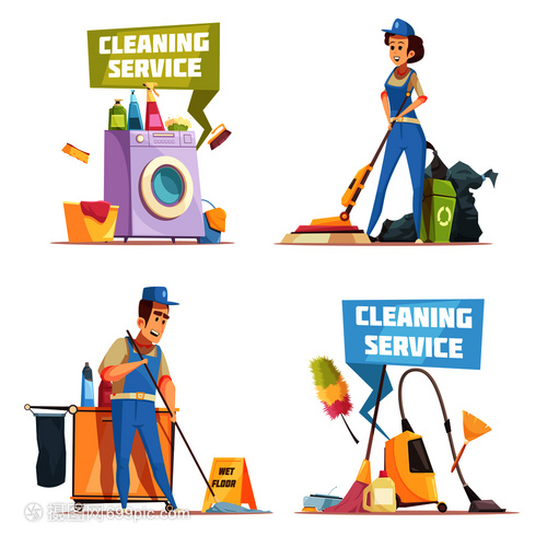 清潔服務2x2理念與清潔公司員工清洗室內平矢量插圖清潔服務2x2理念